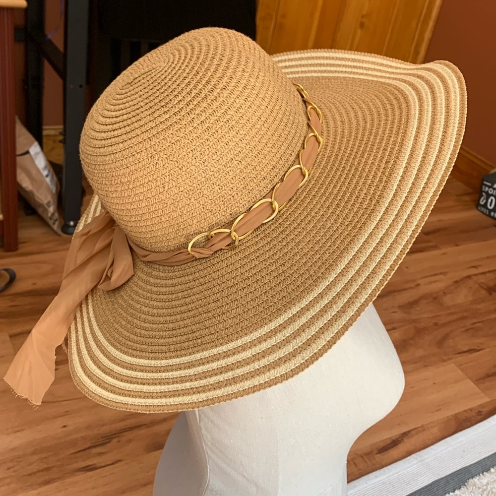Summer Sun Hat, Beige, Gold trim & Ribbon